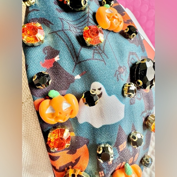 New Halloween Blue w/ Rhinestones Pumpkin Bat Fabric Adult Size Knotted Headband - Picture 4 of 9